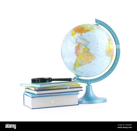 Plastic Model Globe Of Earth Books And Magnifying Glass On White Background Geography Lesson