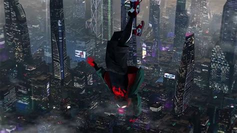 A Spider Man Flying Through The Air Over A City