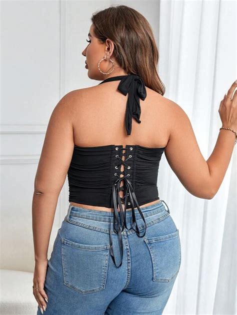 Apperloth A Plus Solid Ruched Halter Neck Lace Up Backless Halter