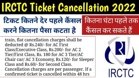 Irctc Train Ticket Cancellation Charges 2022 Youtube