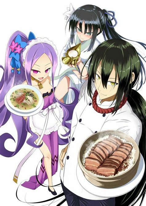 Three Anime Characters Holding Plates Of Food