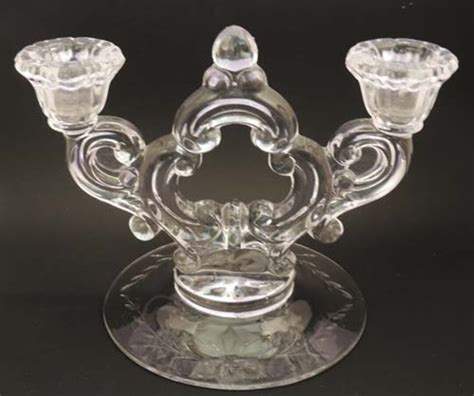 Pair Of Cambridge Glass Rose Point Keyhole Candleholders Cambridge