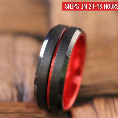 Red Tungsten Wedding Band Black Tungsten Ring Red Tungsten Etsy