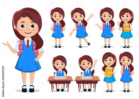 Student girl vector character set. School kids cartoon characters ...