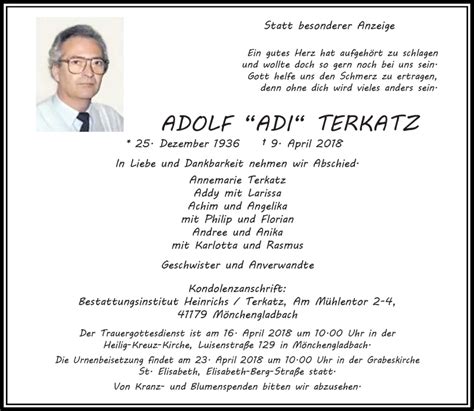 Traueranzeigen Von Adolf Terkatz Trauer Und Gedenken