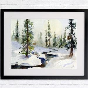 Abstract Winter Watercolor Landscape Prints Of Snowy Winter Woods Wall