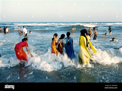 Women Bathing In Colorful Saris Marina Beach Bay Of Bengal In