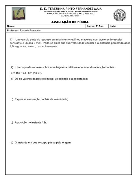 Avaliação de Física - 1º Ano Ensino Médio | PDF