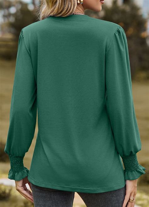 Tuck Stitch Green Split Neck Long Sleeve Blouse Rotita Usd