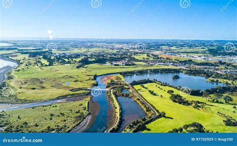 Aerial View On A Beautiful Bridge Across A Small Stream With