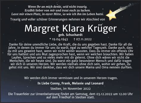 Traueranzeigen von Margret Klara Krüger abschied nehmen de