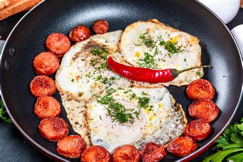 Fried Chicken Eggs And Sausages In A Frying Pan Creative Commons Bilder