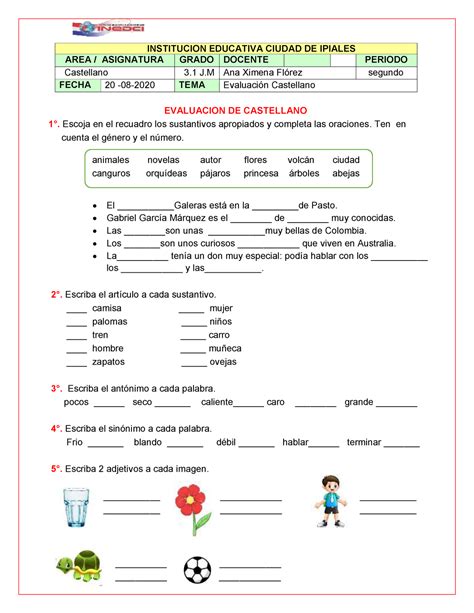 Evaluacion DE Castellano Segundo Periodo EVALUACION DE CASTELLANO 1