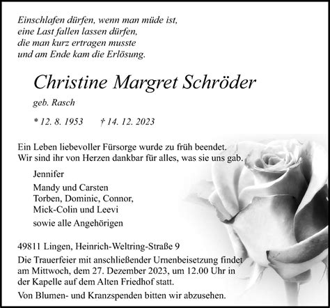 Traueranzeigen von Christine Margret Schröder noz Trauerportal