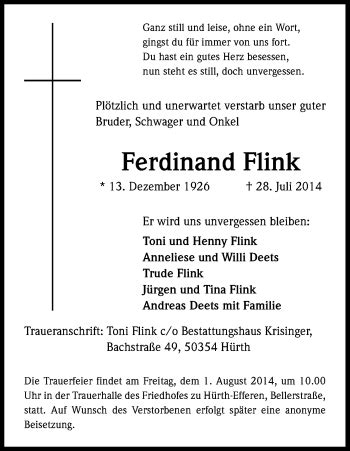 Traueranzeigen Von Ferdinand Flink Wirtrauern