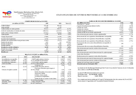 Etats Financiers Exercice 2022 TotalEnergies MARKETING CI Abidjan
