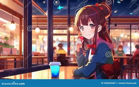 Anime girl in a cafe stock illustration. Illustration of games - 328828589