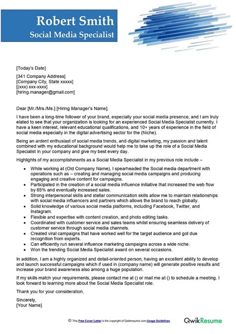 Social Media Specialist Cover Letter Examples Qwikresume