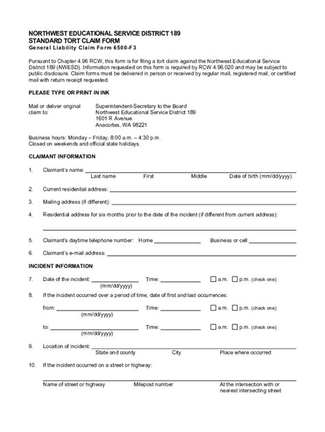 Fillable Online Washington State Standard Tort Claim Form Fax Email