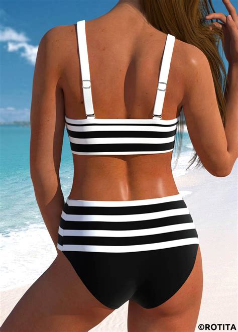 ROTITA Bowknot Black Striped High Waisted Bikini Set Rotita USD