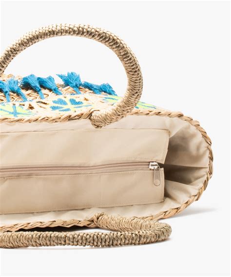 Sac De Plage Femme En Paille Avec Broderies Et Pompons Beige Gemo