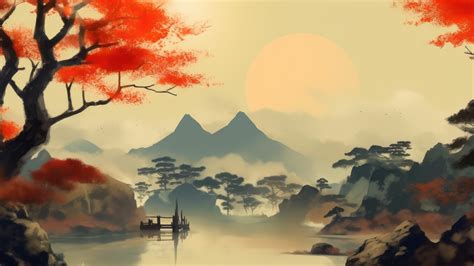 Trees Mountains Japanese Painting AI Generated 4K Wallpaper - Elevate ...