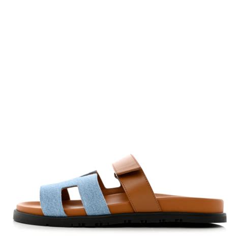 Hermes Denim Calfskin Womens Chypre Sandals Bleu Clair Naturel