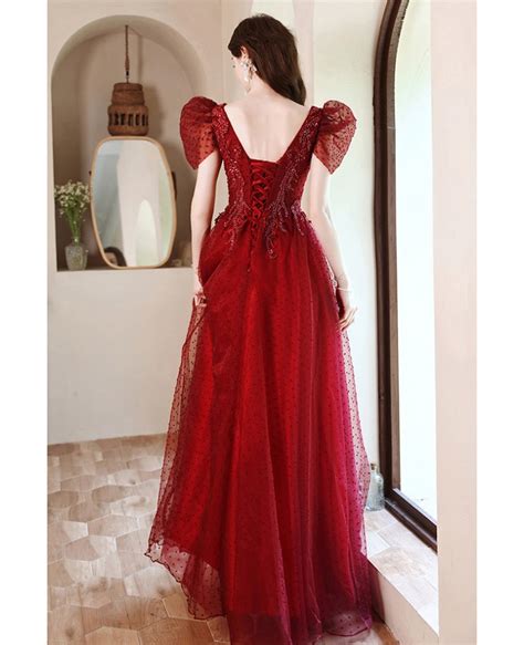 Gorgeous Vneck Beaded Red Aline Long Prom Dress With Cute Bubble