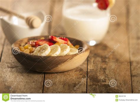 Oatmeal Porridge With Strawberry And Banana In Wood Bowl Stock Image