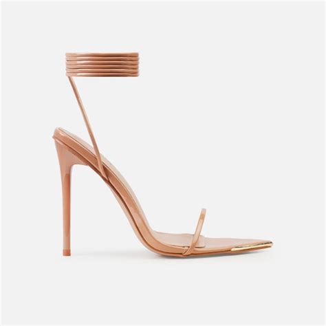 Vivia Nude Patent Lace Up Metal Toe Cap Stiletto Heels SIMMI London