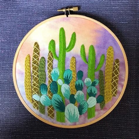 Sunset Cactus Field Inch Hand Embroidered Saguaro And Etsy Cactus