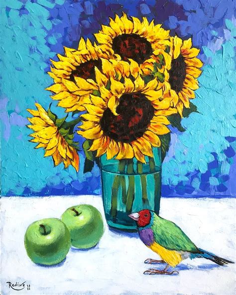 Sunflowers And Gouldian Finch Acrylic Painting By Irina Redine