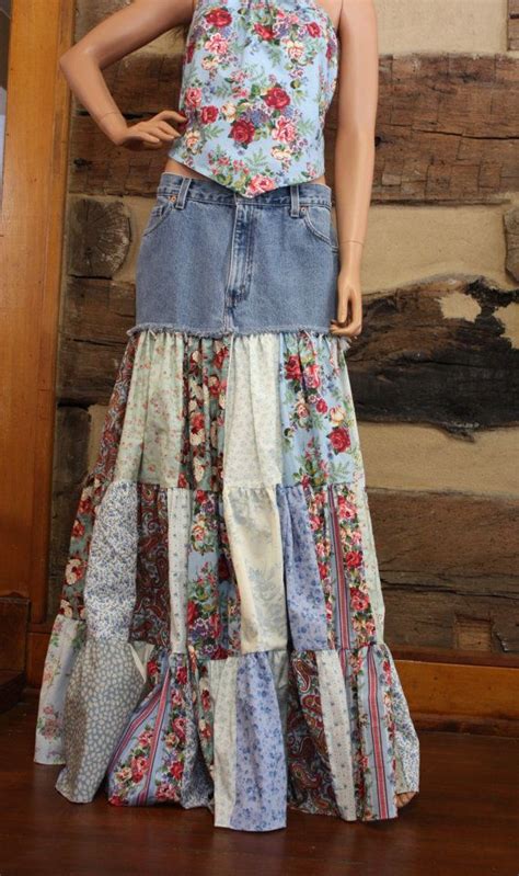 Upcycled Denim Skirt Hippie Patchwork Skirt Long Bohemian Etsy