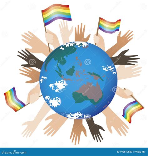 Hands With Rainbow Flags And Planet Earth As Concept Of Lgbtq Homosexuality Gay Lesbian Women