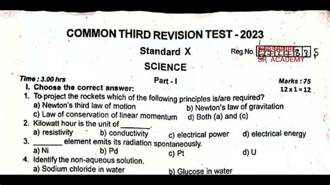 10th Standard Science 3rd Revision Exam 2023 Original Question Paper Em