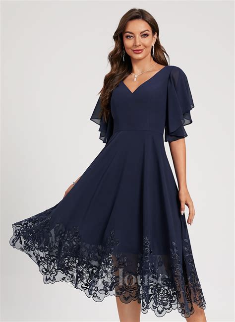 A Line V Neck Tea Length Chiffon Lace Cocktail Dress With Lace Sequins