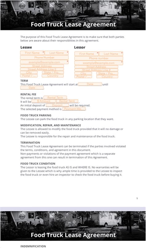 Food Truck Lease Agreement Template Free