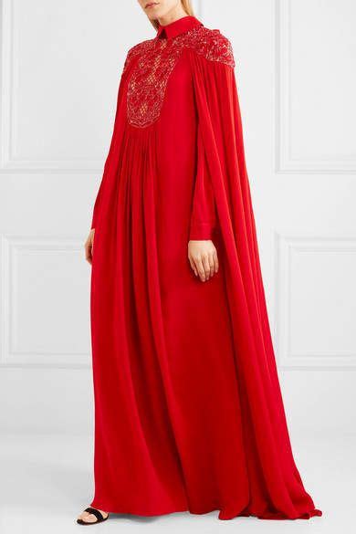 Elie Saab Cape Effect Embellished Silk Blend Crepe De Chine Gown Red