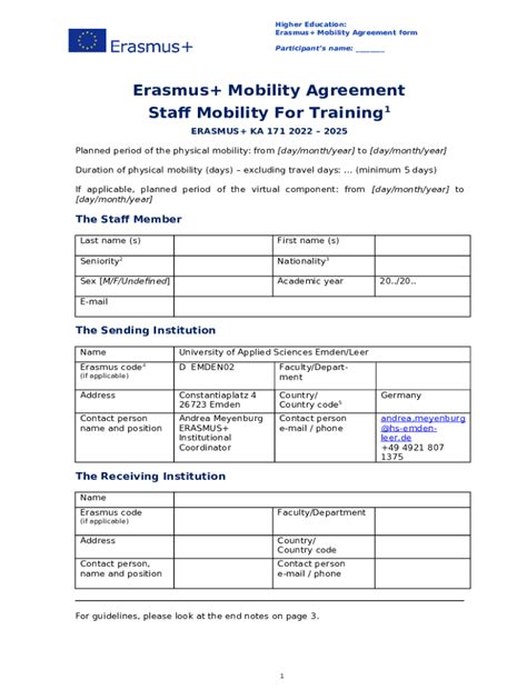 Erasmus Mobility Agreement Training KA171 Doc Template PdfFiller