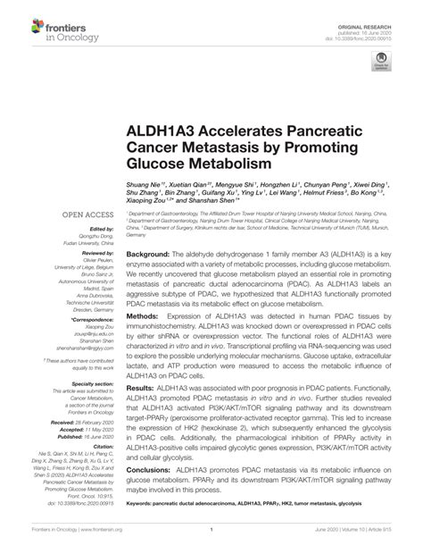 PDF ALDH1A3 Accelerates Pancreatic Cancer Metastasis By Promoting