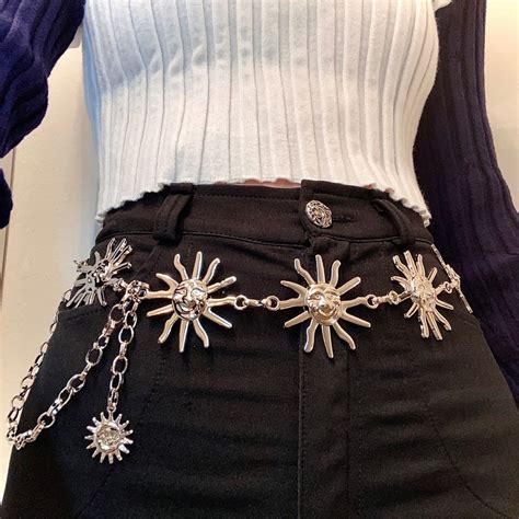 Silver Gothic Sun Moon Celestial Cosmic Hippy Grunge Punk Metal Chain Belt Outfit Accessories