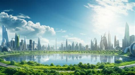 Premium Photo Eco Futuristic Cityscape With Greenery Pond Waterfront