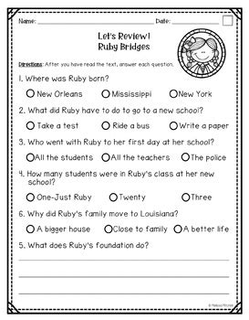 Ruby Bridges Differentiated Comprehension Passages Tpt