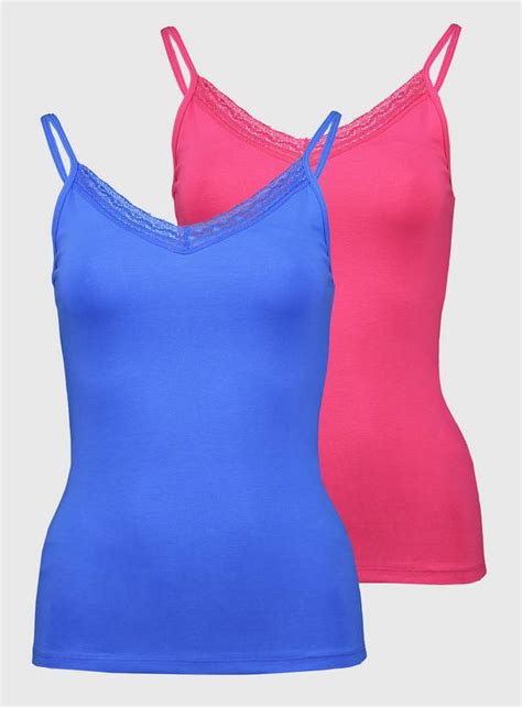 Buy Pink And Blue Lace Trim Slim Fit Vest Top 2 Pack 24 T Shirts Argos