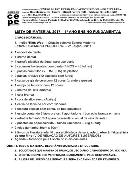 Lista De Material Ano Ensino