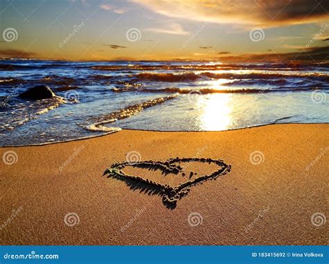 Heart Symbol on Sunset Beach Sand and Sea Water Reflection Light Nature Landscape Romantic ...