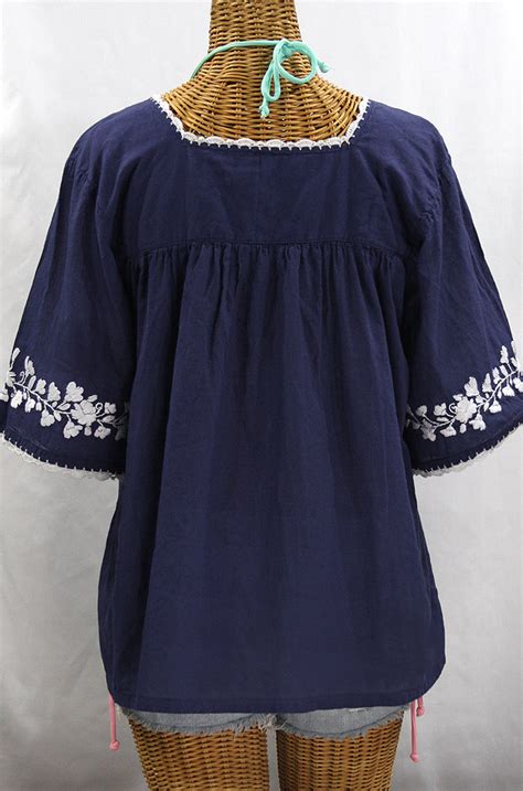 La Marina Embroidered Mexican Peasant Blouse Navy White Embroidery