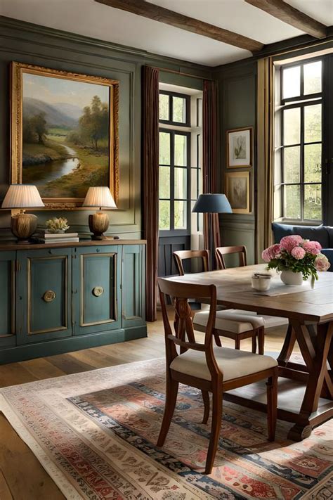 A Dining Room With Green Walls And Wooden Furniture Along With An Area