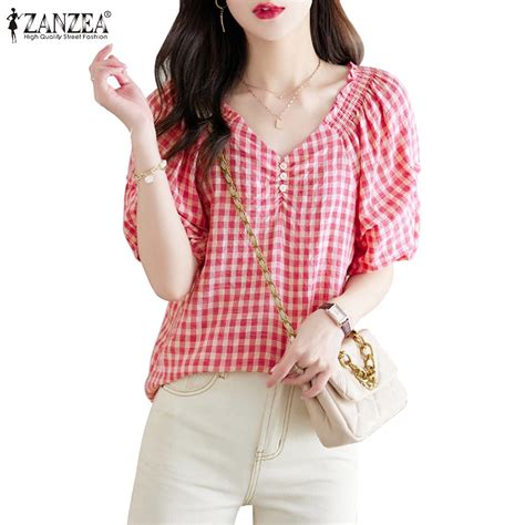 Zanzea Women Korean V Neck Puff Sleeves Short Sleeves Daily Plaid