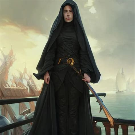 Dramatic Pale Rogue In Black Robes On A Ship Deck Stable Diffusion